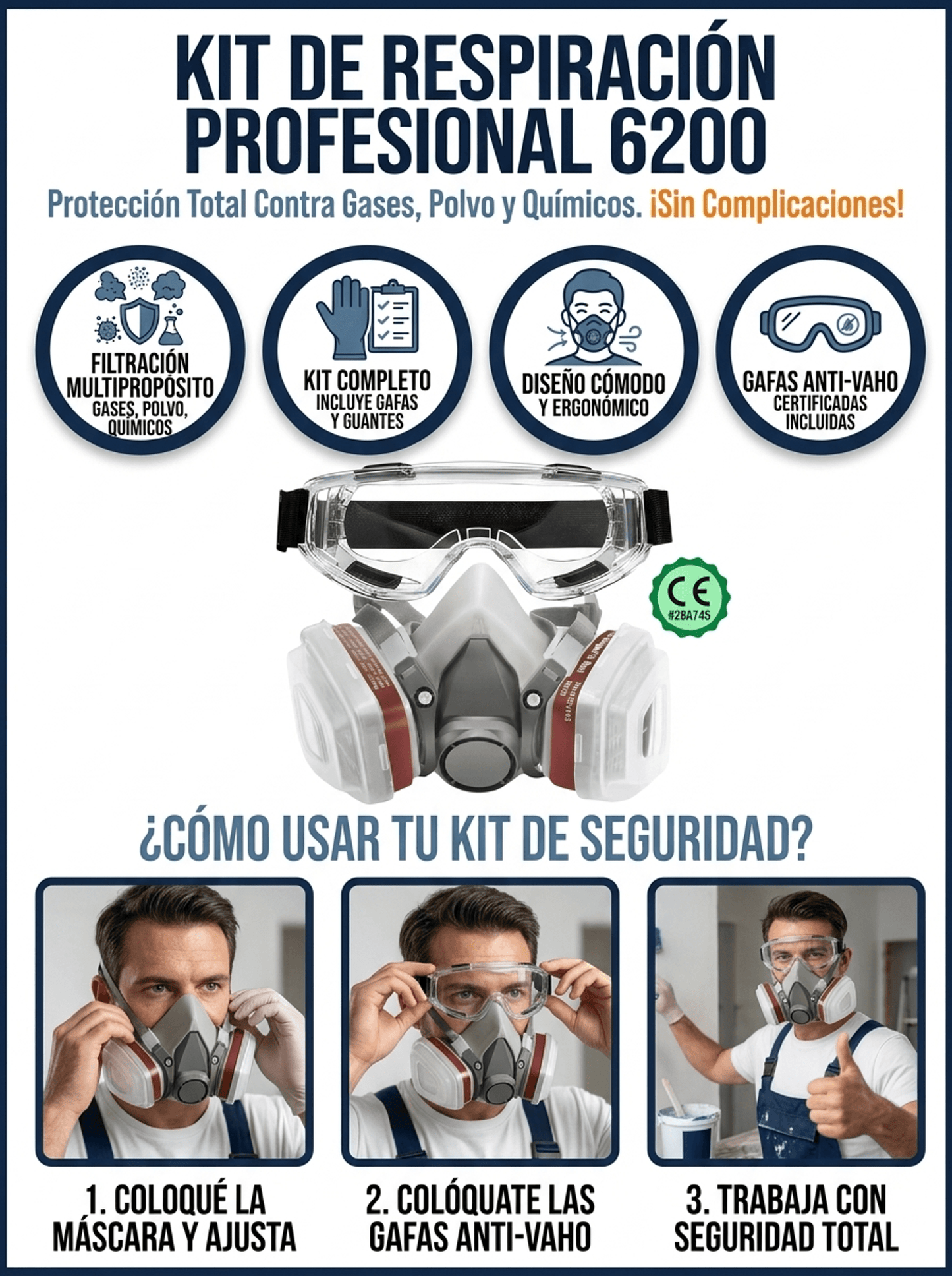 Kit Respirador 6200 Pintura/Químicos (con Gafas)